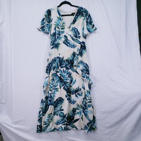 Maggy London Multicolor Hawaiian Tropical V Neck Ruffled Accents Maxi Dress 8 - Picture 1 of 16